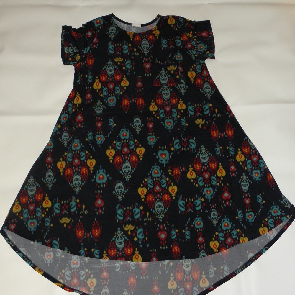 LuLaRoe Carly Dress, size L, Blue/Gold/Burg/Green